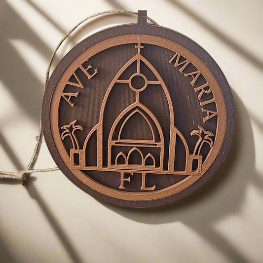 Ave Maria Church Walnut and Teak Wooden Ornament Design with Base 4.625"x0.25"